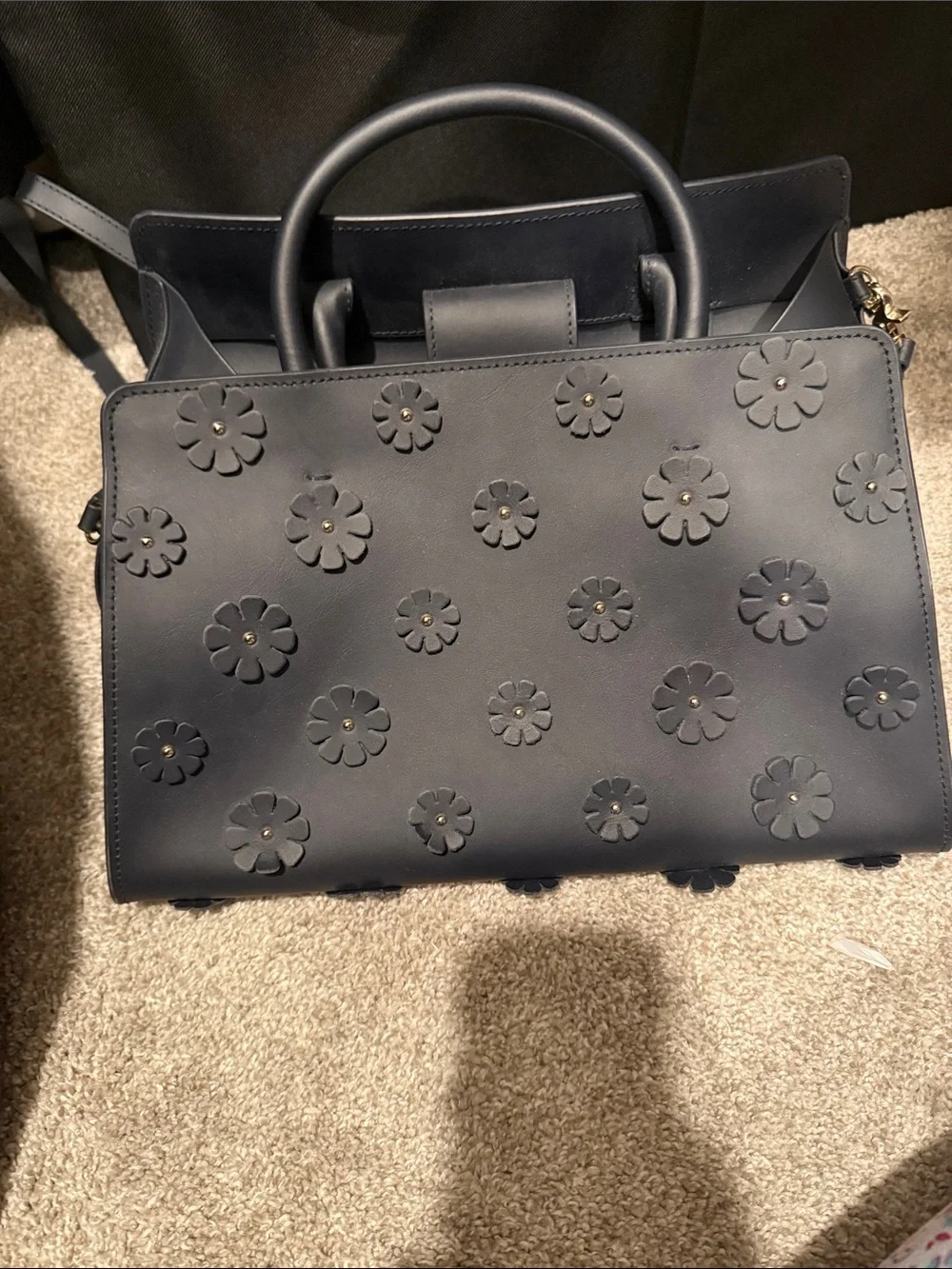 Zac Posen Floral-Appliqué Top Handle Satchel in Navy